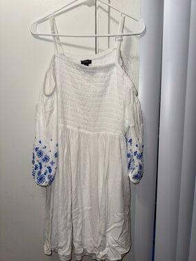 torrid White Cold-Shoulder Mini Dress with Blue Floral Embroidered Sleeves